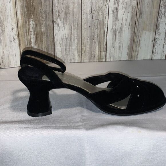 Vintage 90’s Black Velvet Square Toe Ankle Strap Chunky Heels Size 9 - Picture 8 of 16